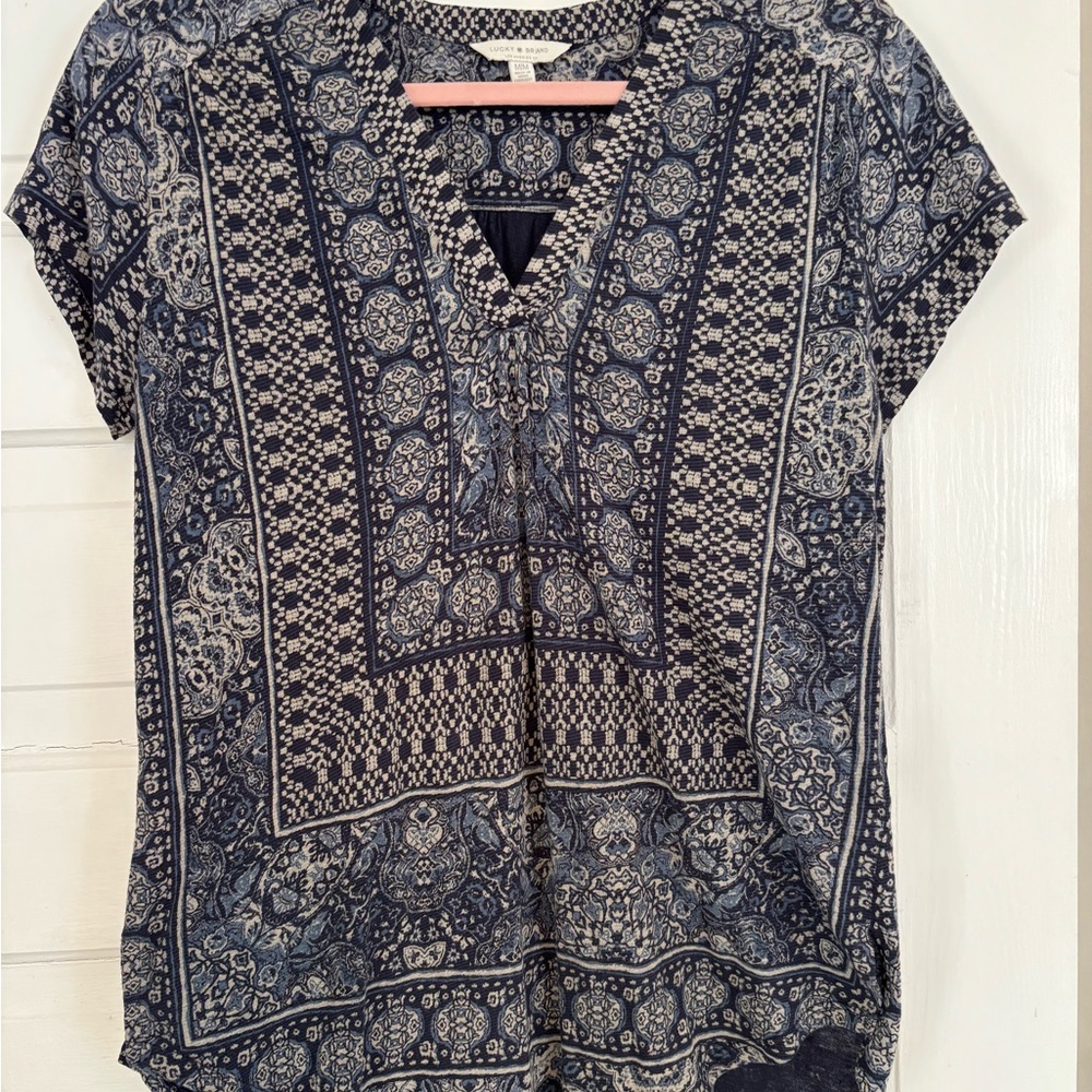 Lucky Brand Navy and White Patterned Blouse